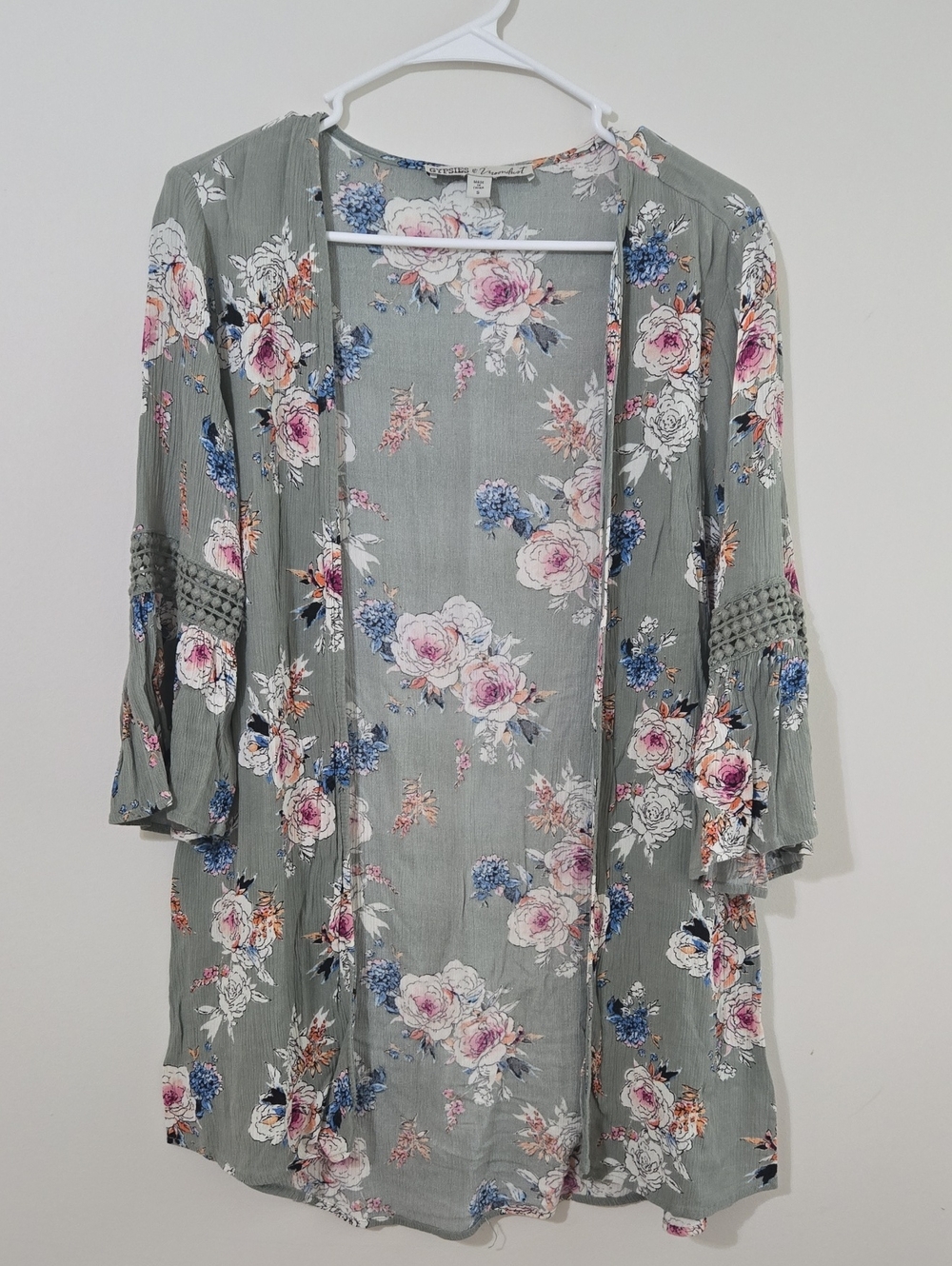 Gypsies & Moondust Floral Kimono in Sage Green with Pink and Blue Accents